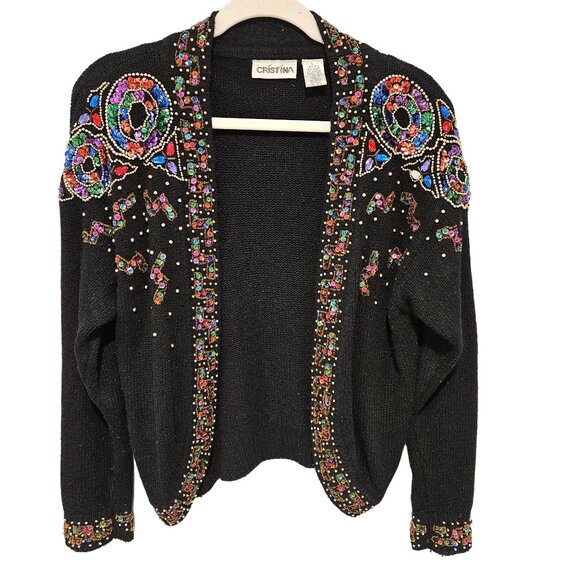 Cristina Sweaters - Cristina Woman Size L VTG Embellished Silk Angora blend Cardigan Art Colorful